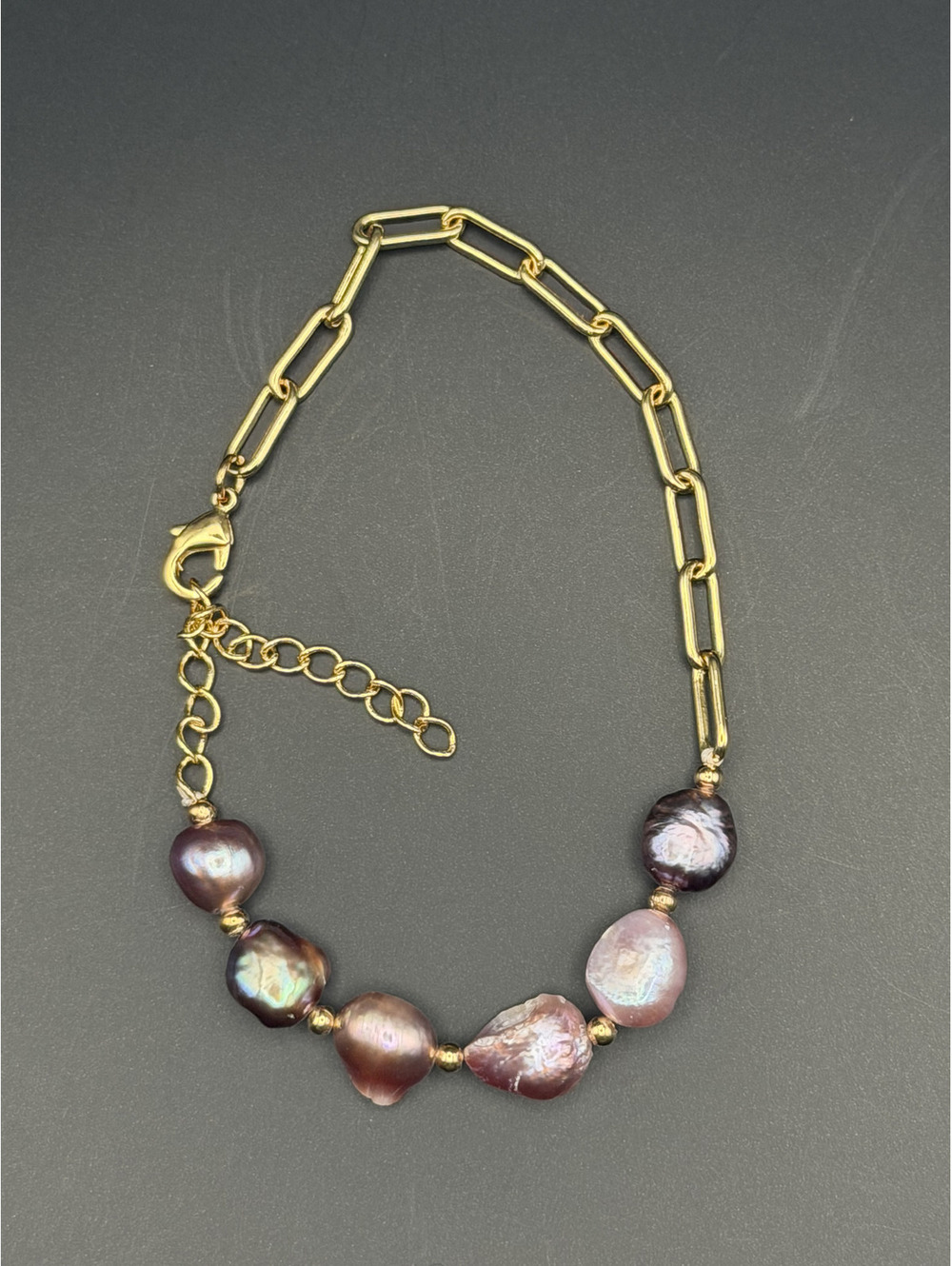 candy+clover lilac plum baroque pearl paperclip gold tone bracelet